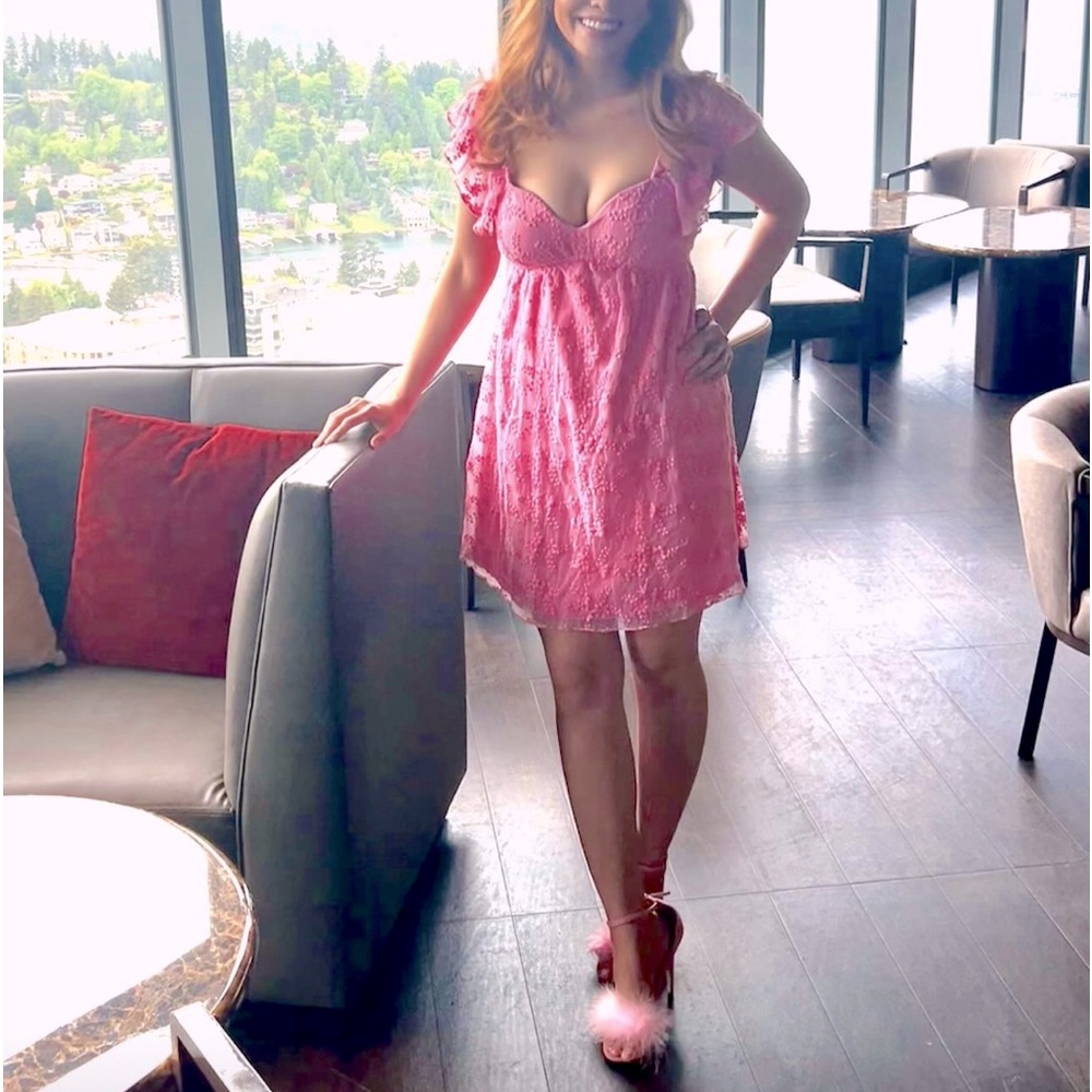 Pink Backless Tie Ribbon Embroidered Flutter Sleeve Babydoll Chiffon Mini Dress